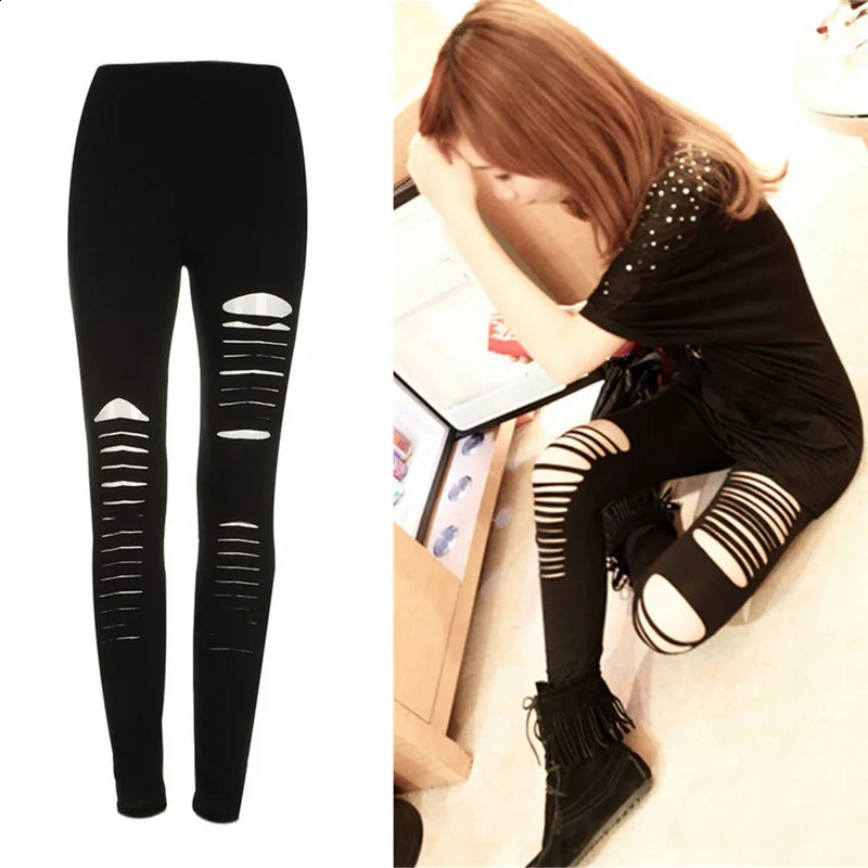 Black Punk Ripped Torn Slashed Cut Striped Leggings Pants Gothic Club Asymmetric Hole Elastic Skinny Pencil For Women Girl 250206