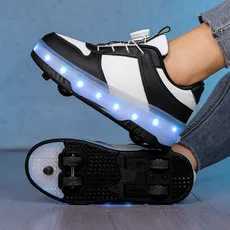 New four-wheel rear-wheel retraction with brake seven-color light walking shoes childrens rotary button roller skates W250207