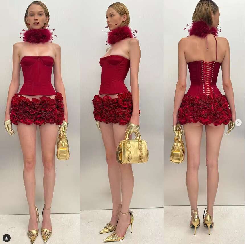 Dress Red Pink Color Women Sexy Strapless Laced-Up Bodycon Tops Rals Mini 2 Pieces Celebrate Christmas Evening Party Dress