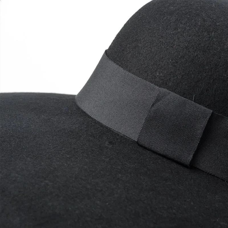 Women 16cm Large Wide Brim Wool Felt Hat Chic Floppy Warm Winter Trilby Hat Ribbon Bowknot Church Dress Wedding Fedora Jazz Hat 250206