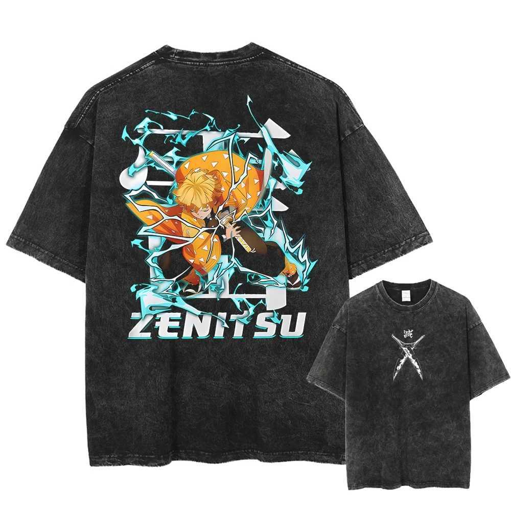 Printed Washed Tshirt Anime Demon Slayer Cotton Men Vintage Washed T-Shirt Graphic Tshirt Streetwear Tees Summer Casual ClothesT250207