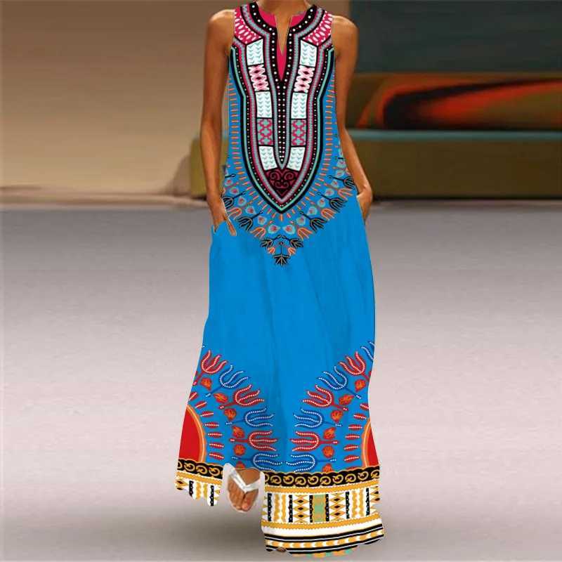 Womens Fashion Retro Printed Sveless Sexy Dress Summer Ele Womens Ethnic Style V-neck Loose Pocket Long Dress VestidosXJ2500207