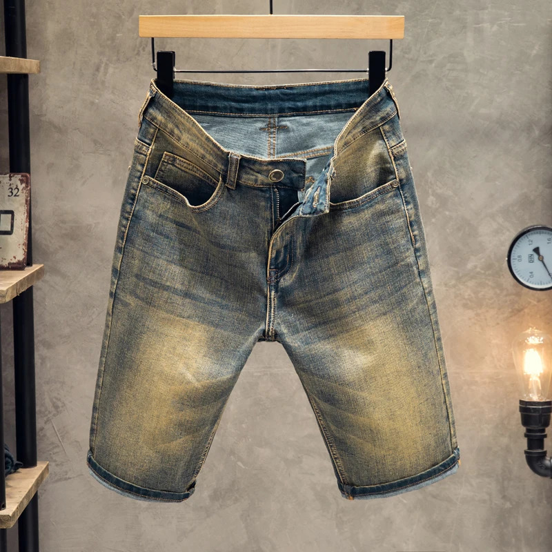 Mens retro knee length highquality jeans summer slim fit straight paired with fashionable shorts classic version wearresistant 250207