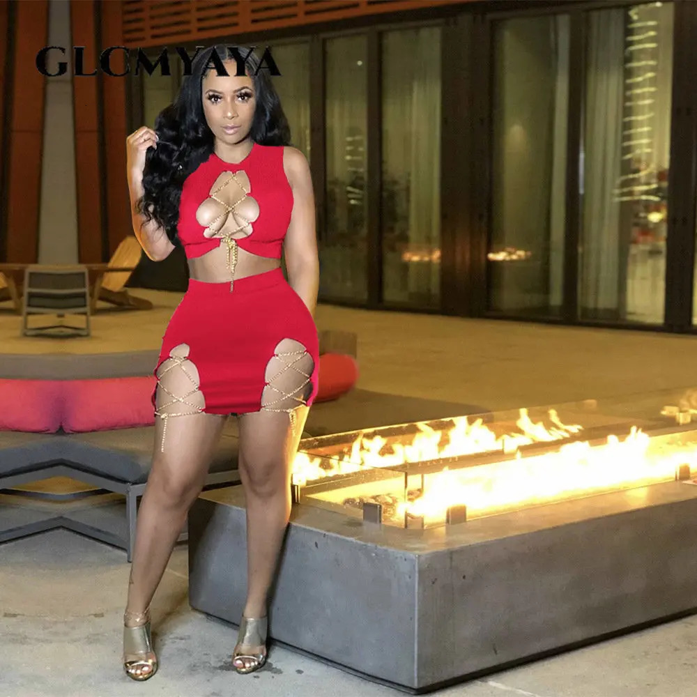 GLCMYAYA Women Set Chain Lace Up Sleeveless Crop Tops Sheath Elastic Mini Skirts Suit Two 2 Piece Set Sexy Club Outfit 250206