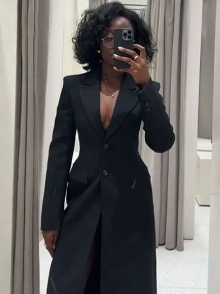 Elegant Womens Suit Jacket Double Breasted Lapel Pocket Slim Long Coats 2025 Spring Lady Streetwear Commute Outerwears 250110