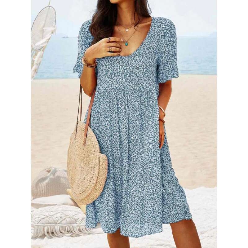 European American pullover print medium long, urban casual retro women's short sleeved dress 2024 new style chic and elegant clothing