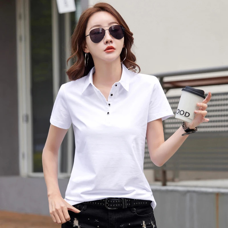 Summer In Polo Shirt Short Sleeve Cotton Plus Size Basic T- Shirt Women Button Casual Office Lady Formal Women Tops 2024 250207