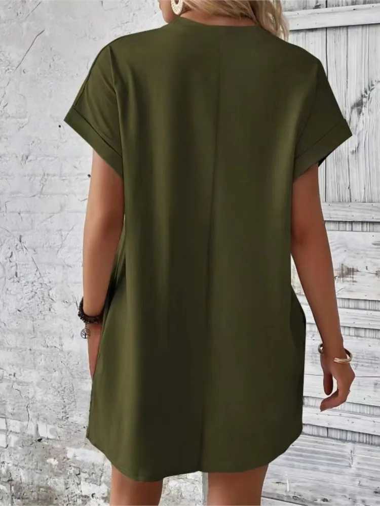 Fashion Boho Resort Style Beach Dresses For Women 2024 New Summer Solid Color O Neck Loose Short Sve Pocket Mini Dress FemmeXJ2500207