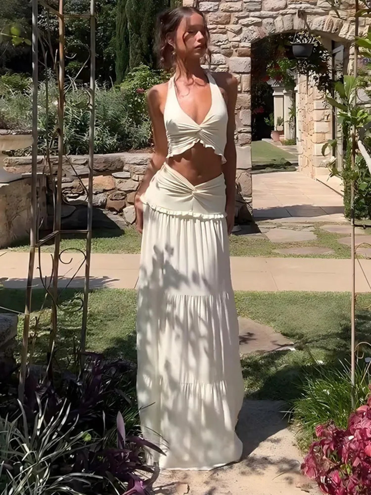 Mozision Sexy Sleeveless Skirt Two Pieces Sets For Women V-neck Hollow Out Crop Tops And Long Skirt Patchwork Two Pieces Sets 250206