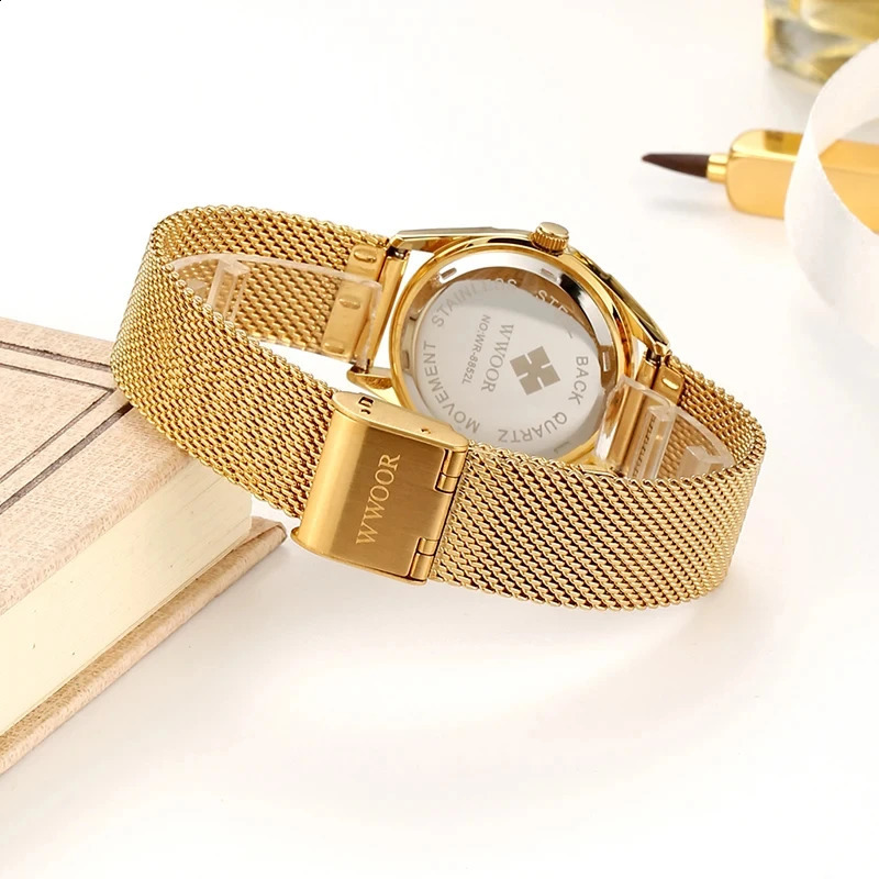 WWOOR Dress Gold Watch Ladies Elegant Diamond Small Quartz Wrist Watches For Women Steel Mesh Clock zegarek damski 250121