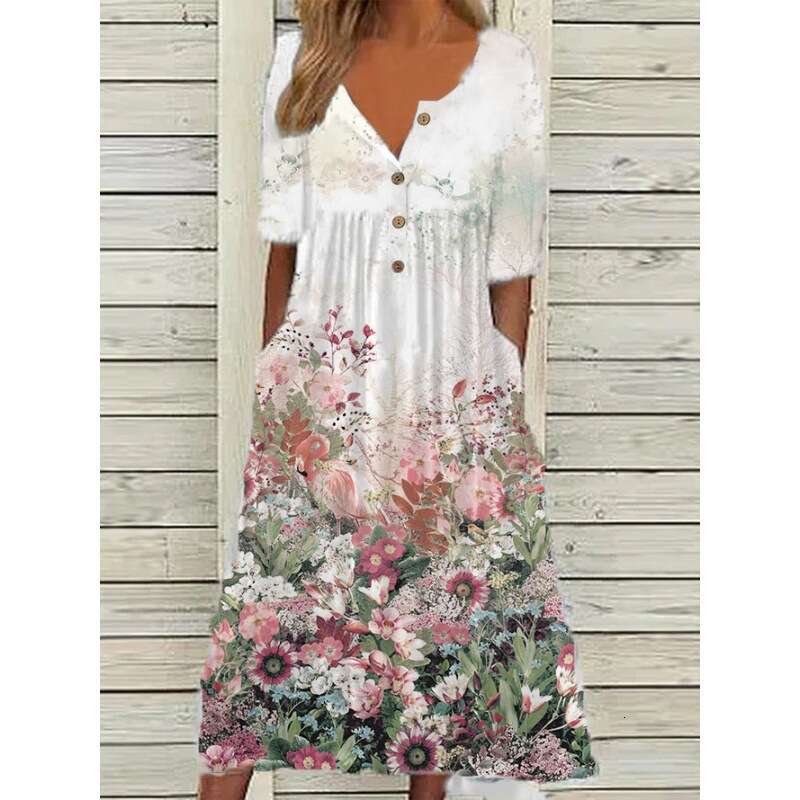 European and American Spring Popular Printed V-neck Button Short Sleeve for Women's Pocket Long Dress 2024 New Casual Fashion Trendy Clothing