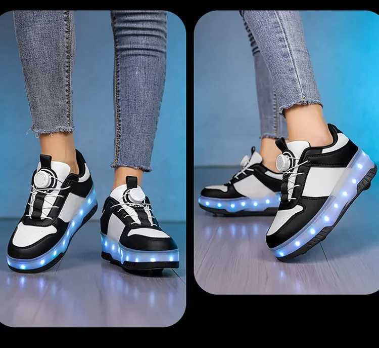 New four-wheel rear-wheel retraction with brake seven-color light walking shoes childrens rotary button roller skates W250207