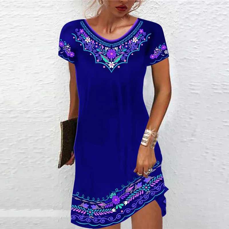 Vintage Ele Ethnic Print Dress Women V-Neck Short Sve Casual Dresses Oversized 6XL Summer New Beach Holiday Mini DressXJ2500207