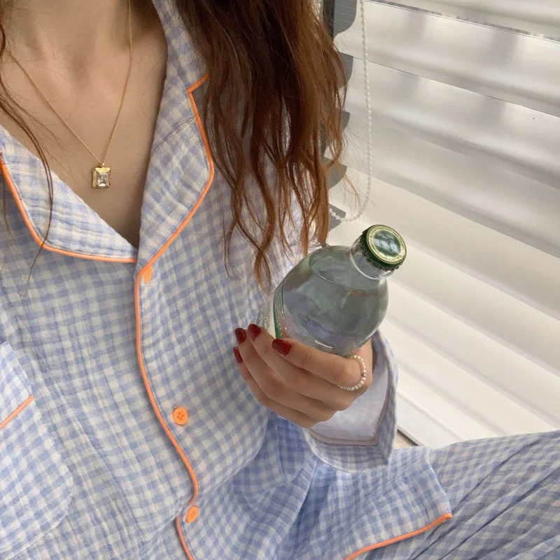 Cotton Womens Pajamas Korean Sleepwear Female 2 Piece Set Pijama Plaid Nightwear Autumn Pyjamas Home Clothes Loungewear 250207
