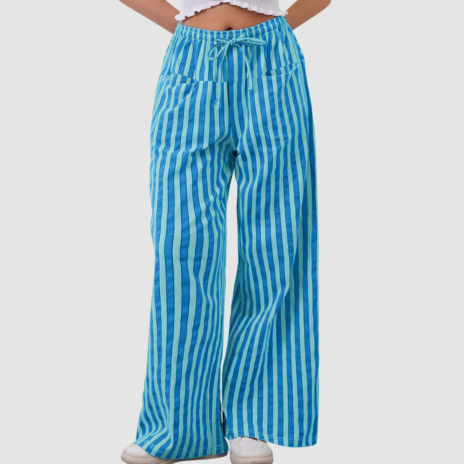 Striped Print Pants Vertical Wide Leg With Drawstring Pockets For Women Streetwear Trousers A Stylish Look 250206
