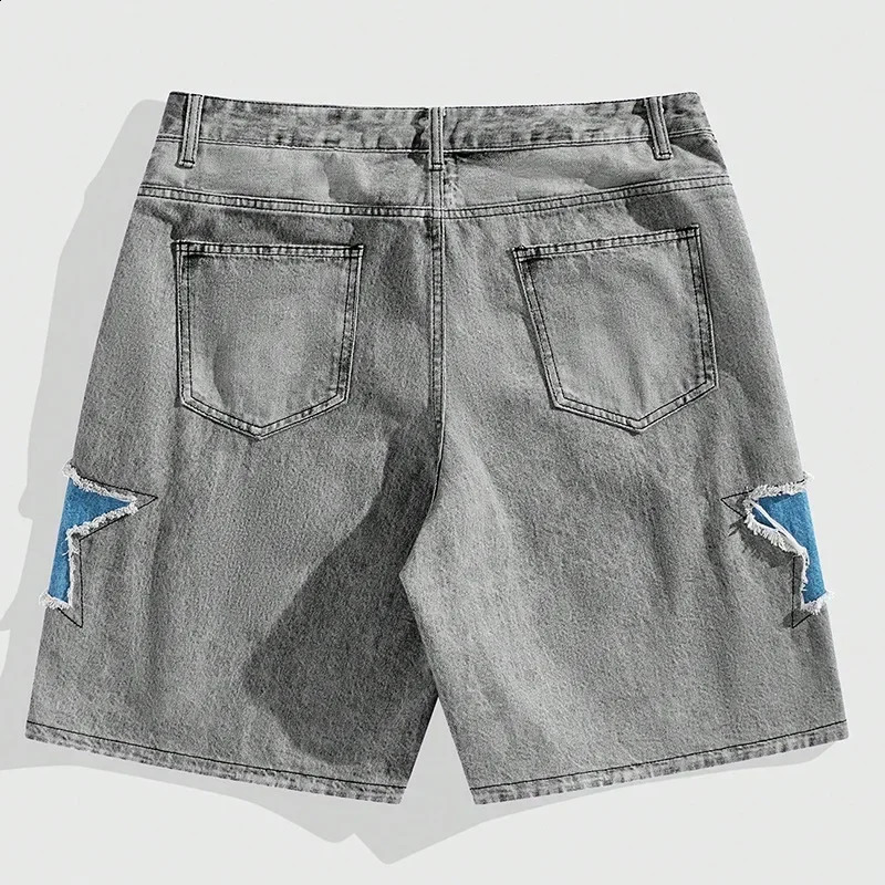 Mens European and American Street Fashion Denim Shorts with Patchwork Pentagram Print Trendy Allmatch 250120