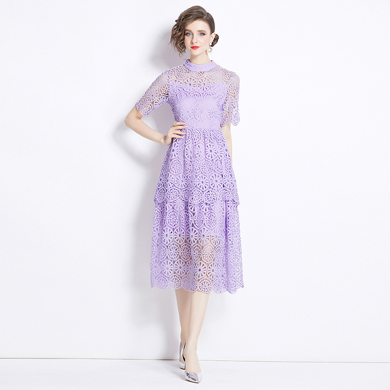 L3135 New embroidered water-soluble lace dress Stand-up collar hollow purple skirt summer female high-end feeling