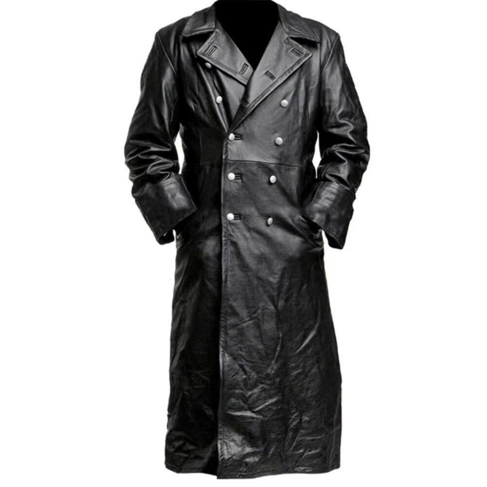 Men's Leather Jacket PU Men's Classic German WWII Military Uniform Officer Black Leather Trench Coat