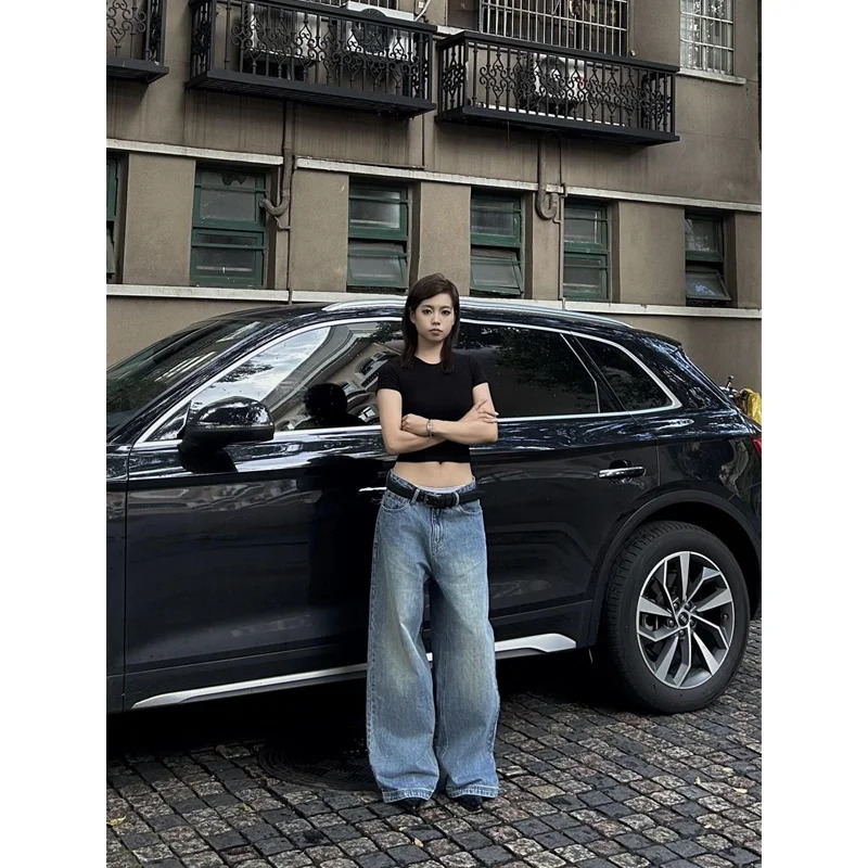 Blue Womens Jeans High Waist Vintage Straight Summer Y2K Classic Denim Pants Streetwear American Wide Leg Baggy Trouser 250121