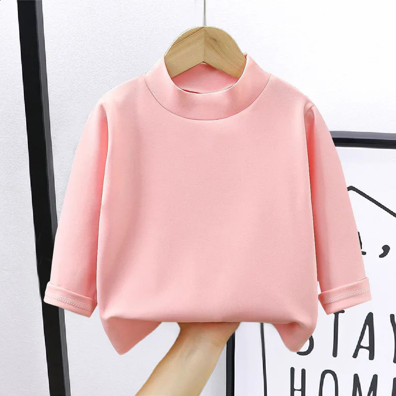 1pcs Spring Autumn Childrens T-Shirts Baby Solid Color Warm Top Kid Half High Collar Long Sleeve Base Shirt Boys Girls Tshirts 250207