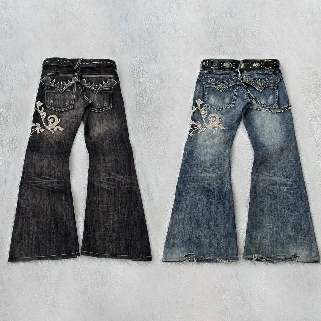 Y2K new american retro embroidery pattern women horn -shaped jeans strt fashion gothic slim mop pants women jeans W250207