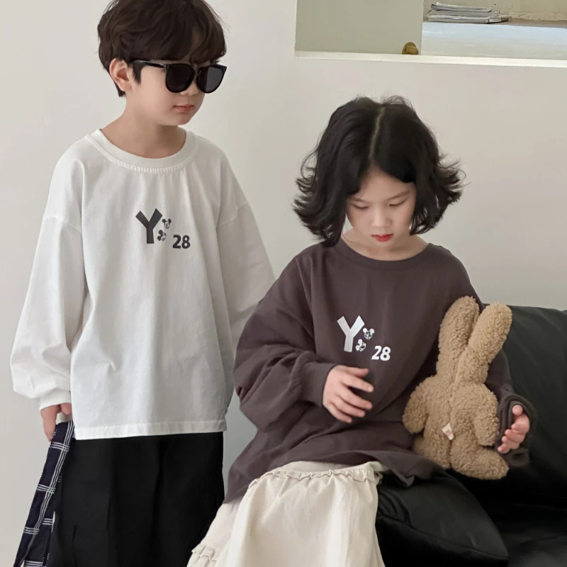 T-Shirt Boys Girls Autumn Korean Cartoon Letter Printing Round Neck Leisure Base Comfortable Cotton Active 250207