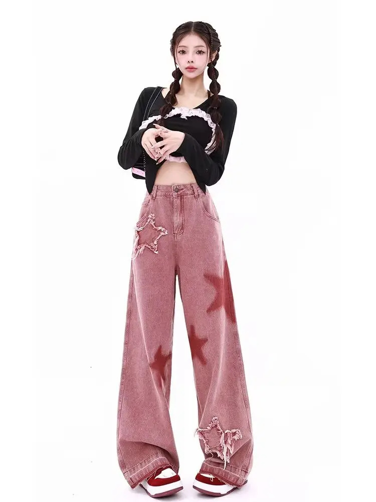 American Retro Jeans Fivepoint Star Raw Edge Splicing Loose Wideleg Jean Look Thin Trendy Allmatch Mopping Pant 250121