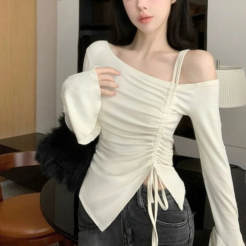 Spring Autumn Cotton Flare Sleeve T Shirts Women Solid Bodycone Basic Long Sleeve Crop Tops Casual Shirring Off-shoulder Tees 250207