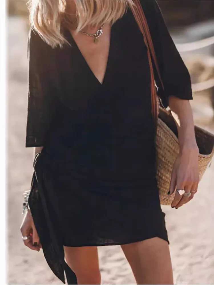 Casual V Neck Solid Color Short Sved Cross Lace Up Dress For Women Spring And Summer Simple Ele Mid Length Dresses FeXJ2500207
