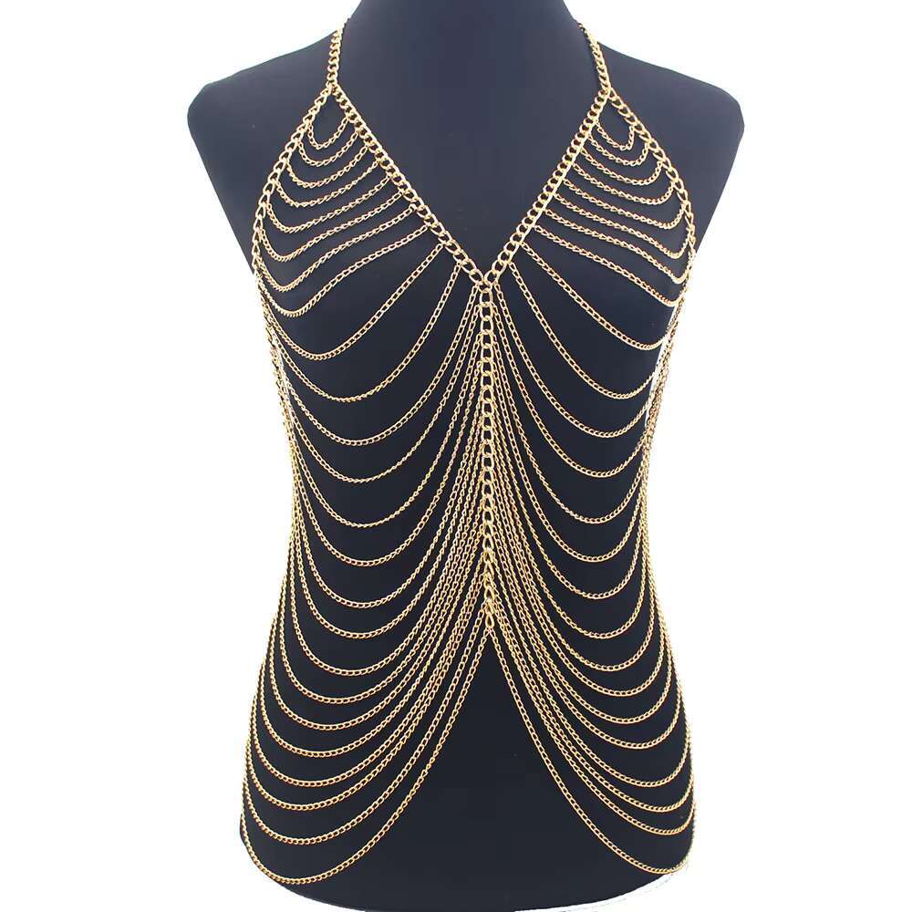 Sexy Metal Chain Dress For Women Fashion Bg Nightclub Backless Adjustable Body Chains Bra Festival Clothing Jewelry
