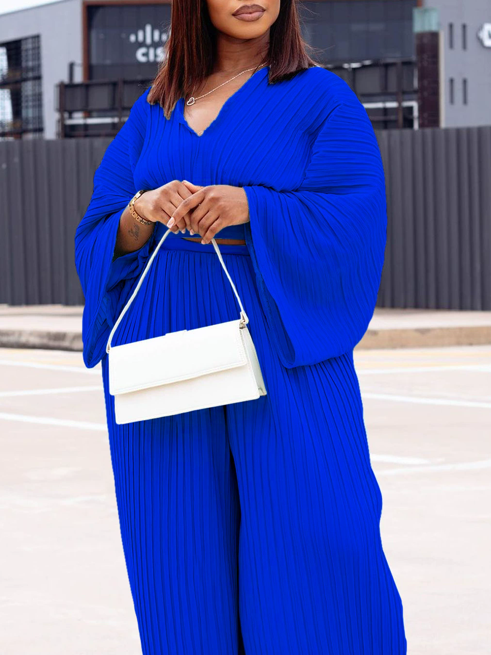 Women's Two Piece Pants Women Elegant Loose Suits Long Sleeve V Neck Crop Top & Wide Leg Pleated Set