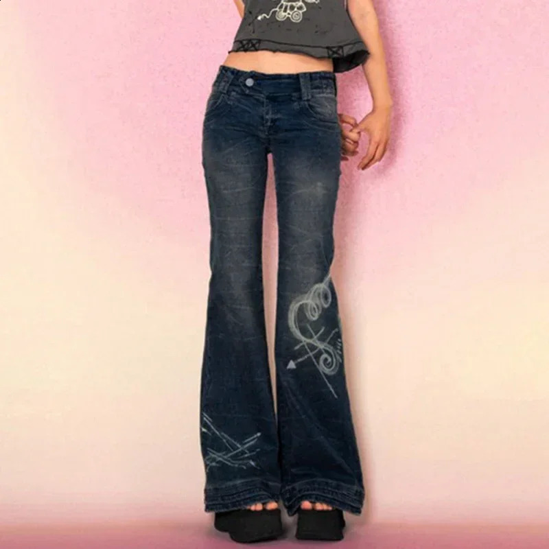 Y2K Grunge Fairycore Chic Skinny Low Rise Flared Jeans Women Vintage Aesthetic Heart Printed Denim Trousers Boot Cut 250206