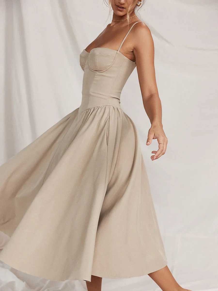 Combhasaki Womens Summer Vintage Casual Solid Color Slveless Backless Fashion Dropped Waist Low-Cut Cami A-line Long Dress X250207