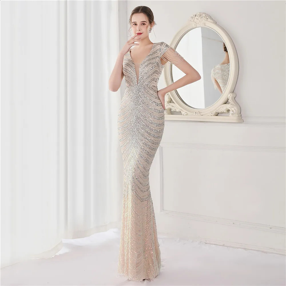 DEERVEADO Elegant V Neck Mermaid Evening Dress Long Beads Women Evening Party Dresses Formal Dress 19085 250114