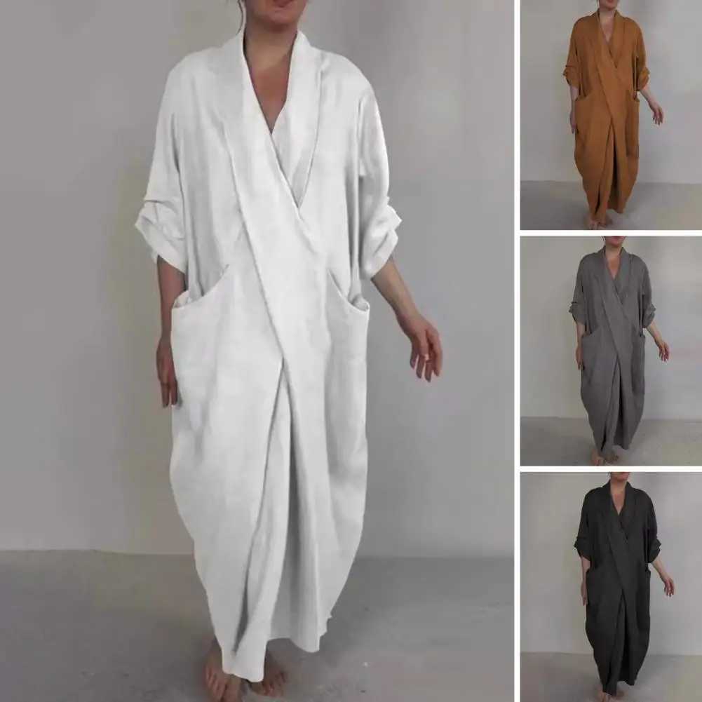 Spring Fall Maxi Dress Robe Baggy Cross V Neck Solid Color Large Pocket Retro A-line Bohemian Maxi Dress Casual Party Travel DreXJ2500207
