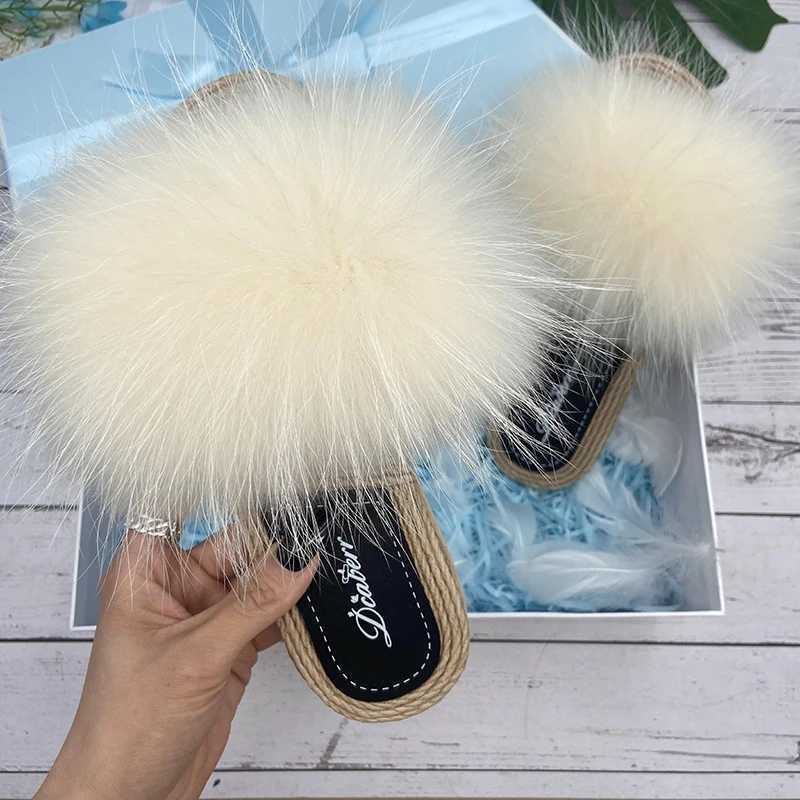 Fur Slippers Woman Flats Faux Str Sandals Real Racco Fox Fur Summer Ladies Light Flip Flops 2024 Fi New Beach SlidesXJ250207