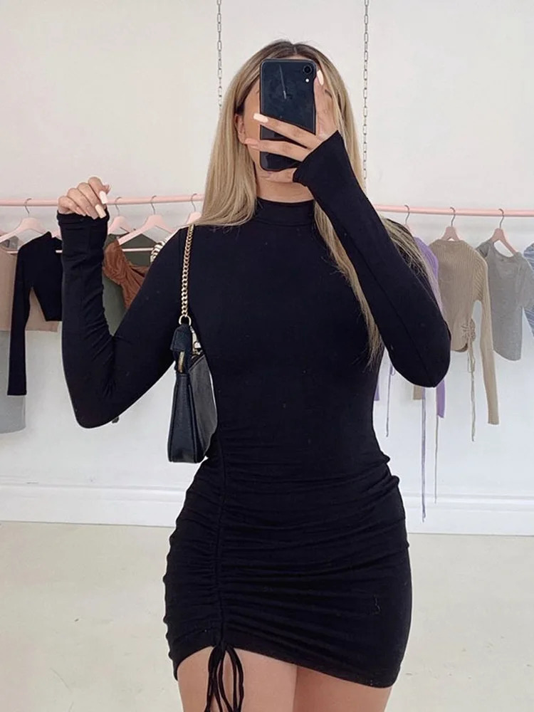 Long Sleeve Ruched Bodycon Dres Turtleneck Bandage Mini Dresses Autumn Black Skinny Stretchy Party 250206