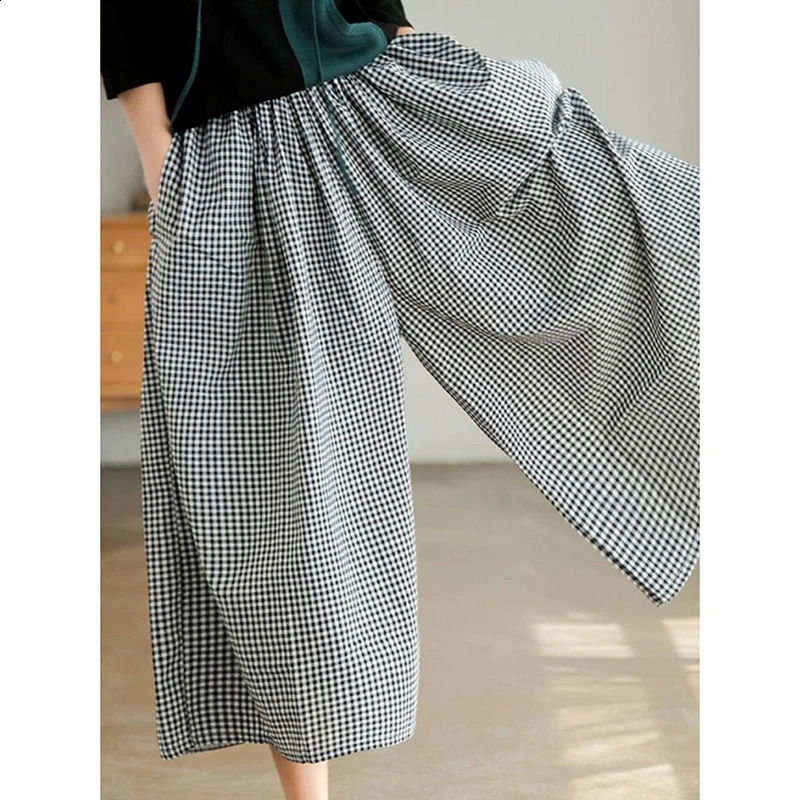 Plus Size Woman Dress Plaid Pants Thin Cotton Linen Wide Leg Trouser Clothing Summer Baggy Jogger Pant Sweatpants Elegant 250109Z