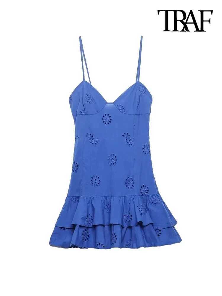 TR Women Fashion With Ruffled Cutwork Embroidery Mini Dress Vintage Backless Elastic Thin Straps Fe Dresses VestidosXJ2500207