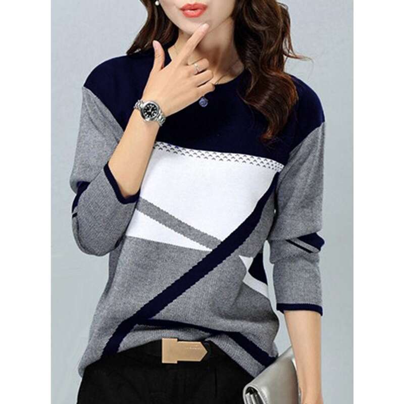 2021 women's supports sales of color blocking positioning printed round neck long sleeved T-shirts on various platforms. 2024 new casual fashion 