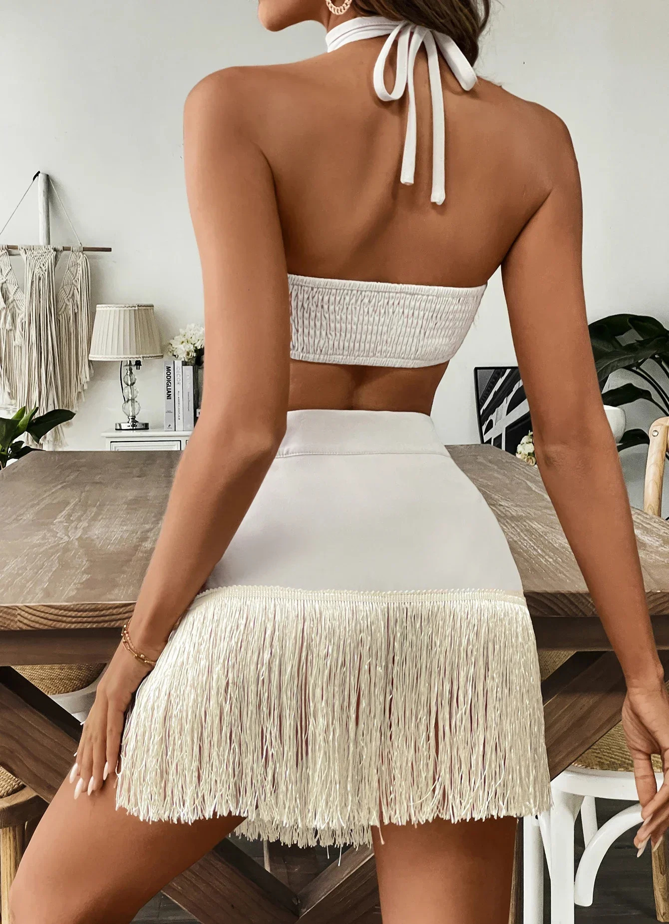 Summer Two Piece Skirt Sets Sexy Sleeveless Short Bandeau Top Elegant Tassel Skirt Chic Beach Outing Women Bandage Suits 250206