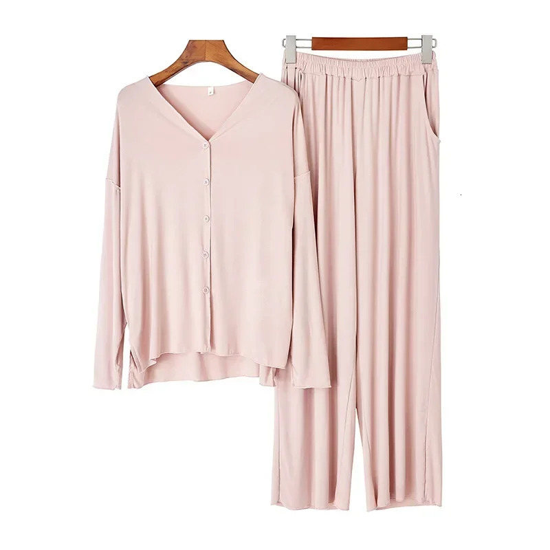 Japanese style cotton pajamas suit ladies spring and autumn cardigan solid color long-sleeved trousers home service suit 250207