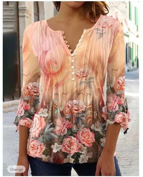 European and American Spring/Summer Women's wer Printed V-neck Short Sleeve Folded Button T-shirt Bottom Shirt 2024 New Casual Versatile Fashion 