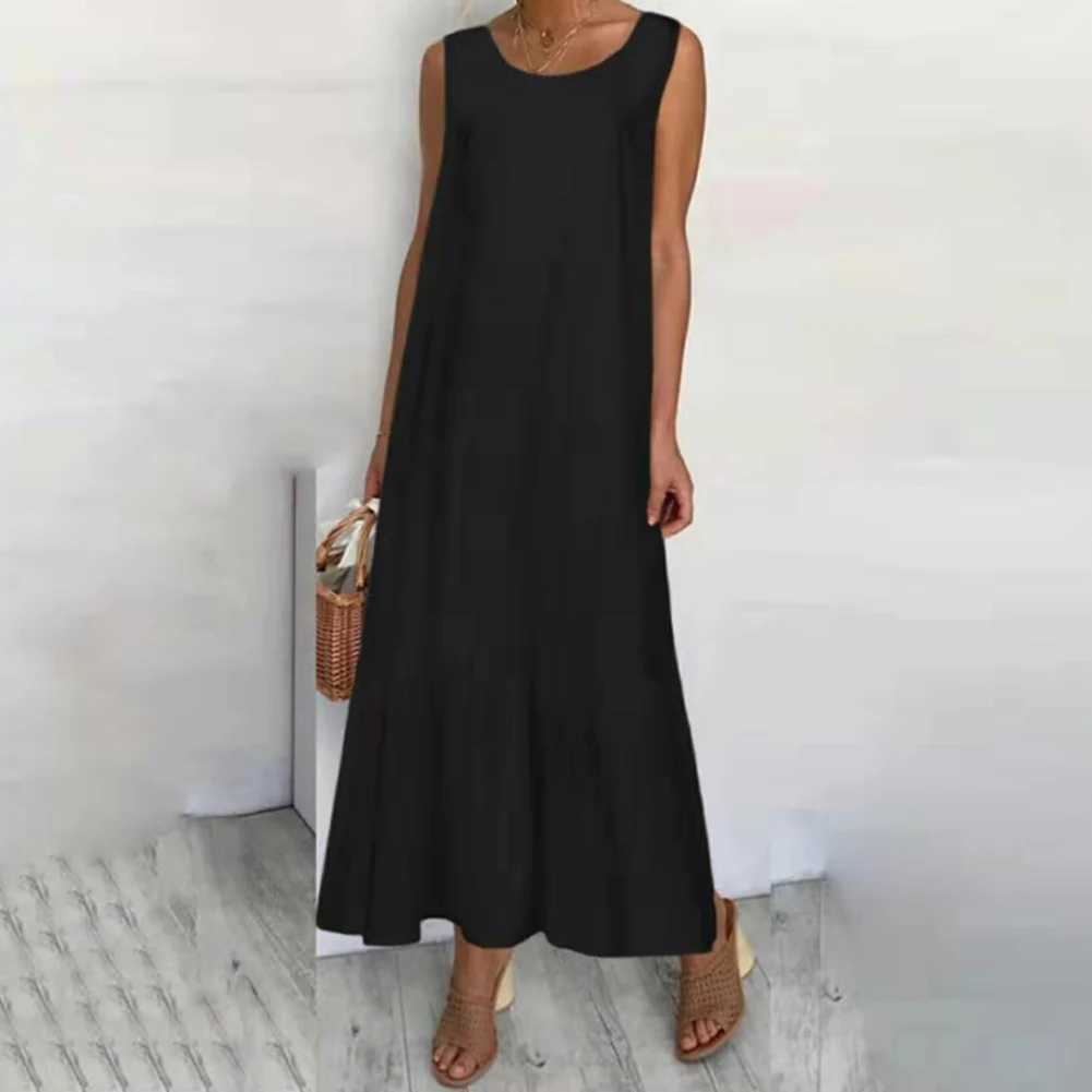Loose dress Vintage Women Solid Color Sveless O Neck Pleated Large Hem Loose Tank Dress women Large Hem Loose Tank DressXJ2500207