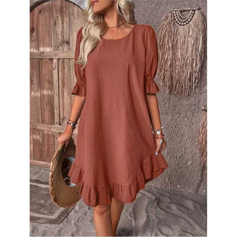 Womens Retro Cotton And Linen Mid Sved Round Neck Solid Color Loose Hem Dress For Summer Y2k Clothes Robe Femme VertidosXJ2500207