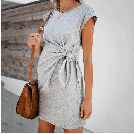 Pure Color Tiein Waist Pregnant Womens Dress Soft And Comfortable Cotton Spot Vestidos Gestante Pregnancy 250114