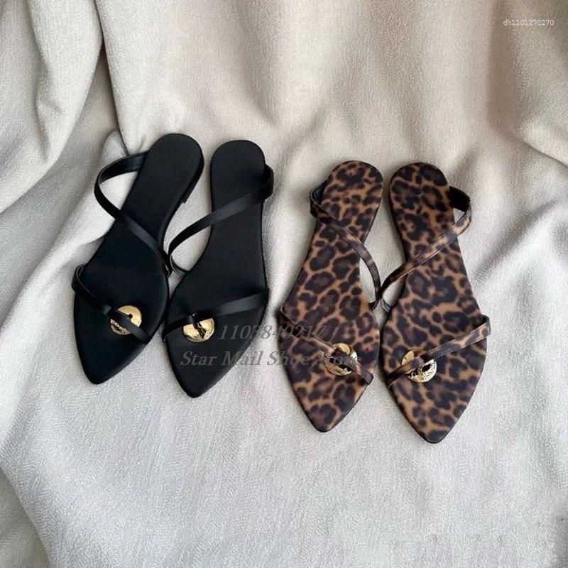 Slippers Brown Leopard Print Grosgrain Design Flat Pointed Peep Toe Strappy Sandals Elegant Casual Thong Strap Shoes