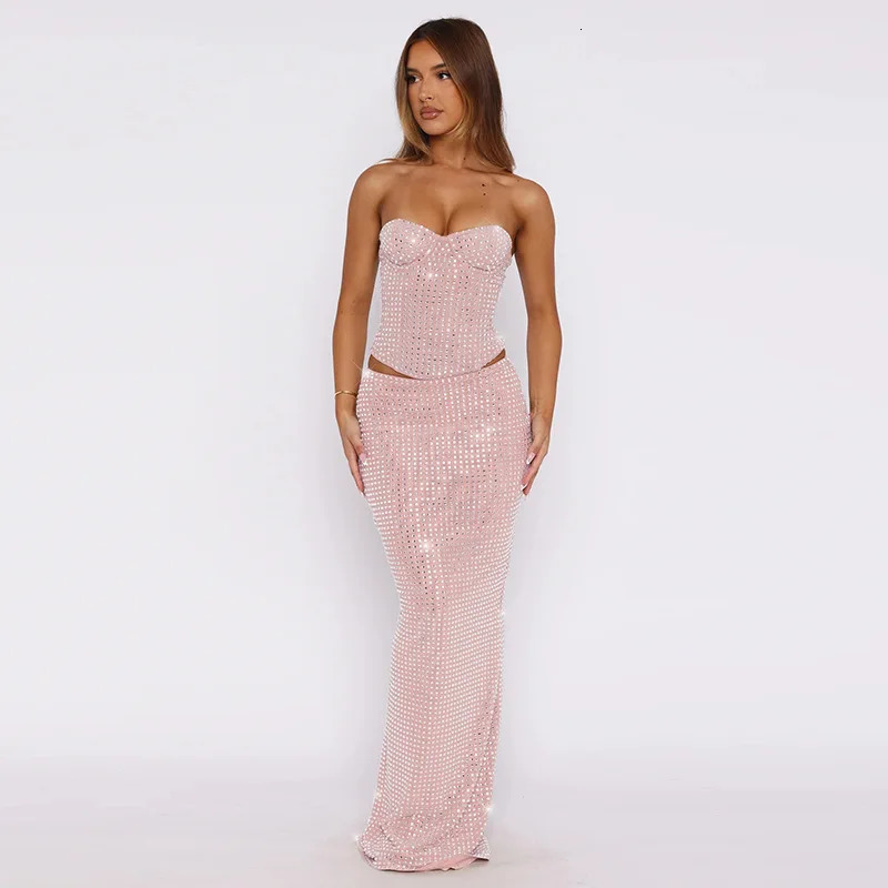 NIDANSSI Sequin Glitter Backless Evening Party Two Piece Set Strapless Top Long Skirt Women Set Elegant Summer 2 Piece Set Women 250206