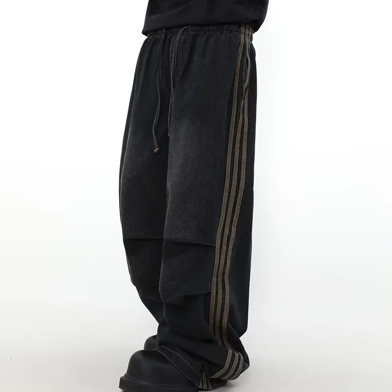 Ropa Y2K Fashion Elastic Waist Striped Pleated Baggy Jeans Pants For Men Clothes Washed Black Wide Leg Women Long Trousers 250113