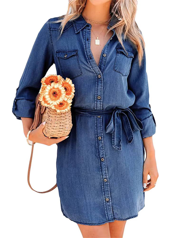 Women Autumn Denim Shirt Solid Color Long Sleeve Button-Down Lapel Short Dress With Belt